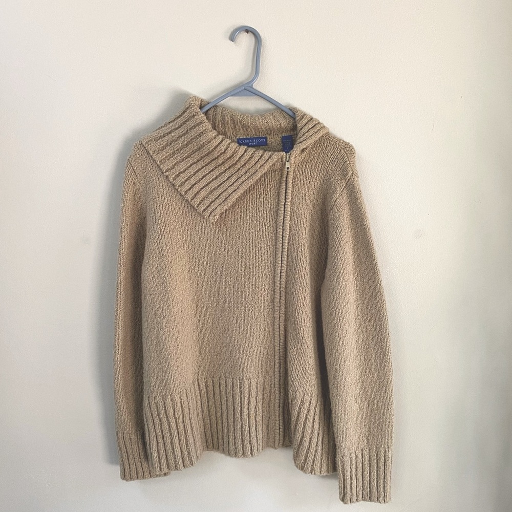 Karen Scott Zip Up Sweater Beige Size Large
